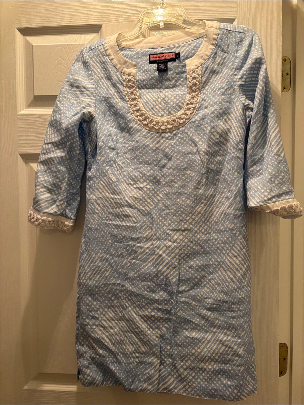 Vineyard Vines Light Blue Patterned Mini Dress with Cream Trim